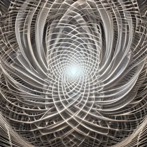 ((complex mathematical graph that lies under the universe and permeates all things )), ambient occlusion, shimmering metallic surfaces, a soft inner glow inside!! made from nylon strings on PET tube, top view, mesmerizing optical illusion, by mc escher, in...