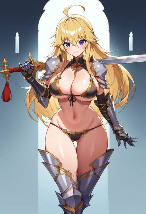 score_9, score_8_up, score_7_up, castle, 
BREAK
source_anime,
BREAK
1girl, blonde hair, large breasts, happy, hair between eyes,
bikini armor, gauntlets, greaves,  holding sword, 
<lora:Powzin-v1.2-PDXL:1>