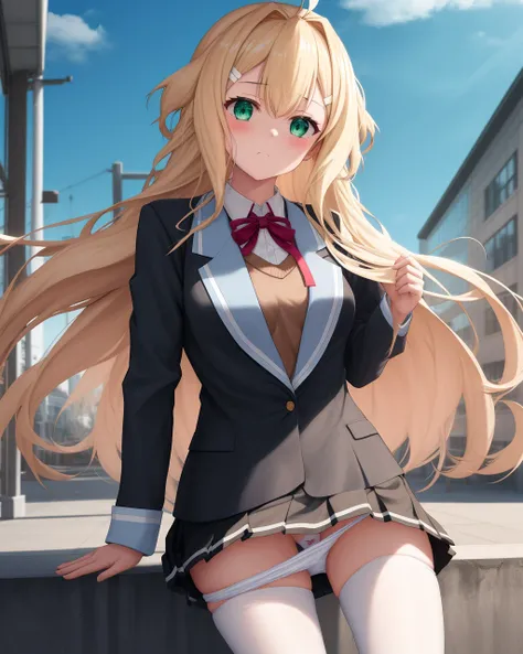 <lora:Iyojima_Anzu-10:0.8>,1girl,solo,long hair,blonde hair,green eyes,ahoge,white hairpin,hair intakes,bow,school uniform, jacket,black pleated skirt, white panty hose, shirt, black blazer, neck ribbon,