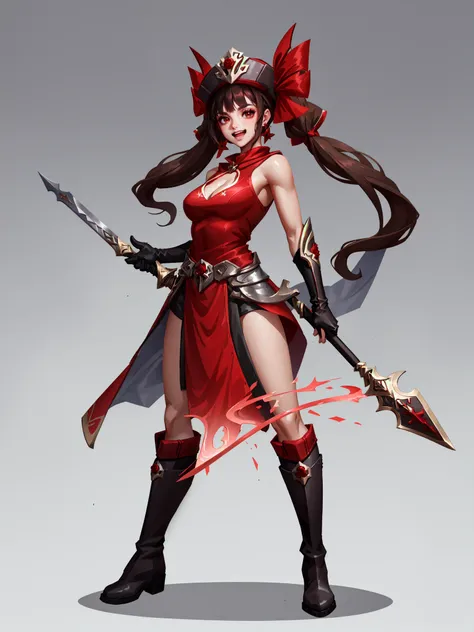 Concept art,omei,1girl,gloves,flower,dress,red flower,red dress,solo,rose,boots,gradient,hat,weapon,gradient background,sword,red headwear,long hair,red rose,grey background,elbow gloves,bare shoulders,standing,black gloves,full body,knee boots,black footw...