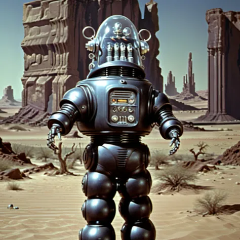 Robbie_FP50, 16k, movie still, ((cinematic)), full body standing robot, science fiction, realistic, (intricate details:1.1), retro artstyle, futuristic sci-fi desert background, helmet, (extremely detailed:1.3), Forbidden Planet, metal spheres legs, <lora:...