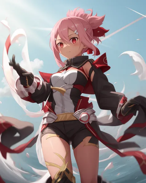 <lora:Akamine_Yuuna-10:0.8>,1girl, solo, pink hair,short hair, red eyes,short ponytail, hair ornament,hair between eyes,black skin,armor, black shorts, Magic Girl,