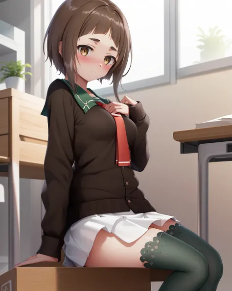 <lora:Kagajou_Suzume-10:0.8>,1girl, solo, brown hair, brown eyes, short hair, school uniform,skirt,necktie, green thighhighs, cardigan,