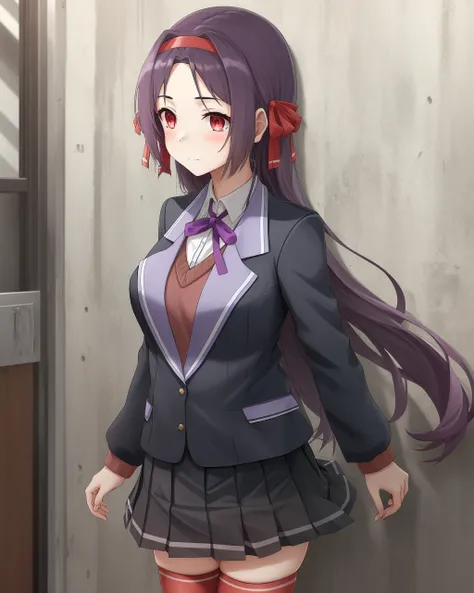 <lora:Uesato_Hinata-10:0.7>,1girl,solo,very long hair,red eyes,purple hair,hair band,hair ribbon,school uniform,jacket,red thighhighs,