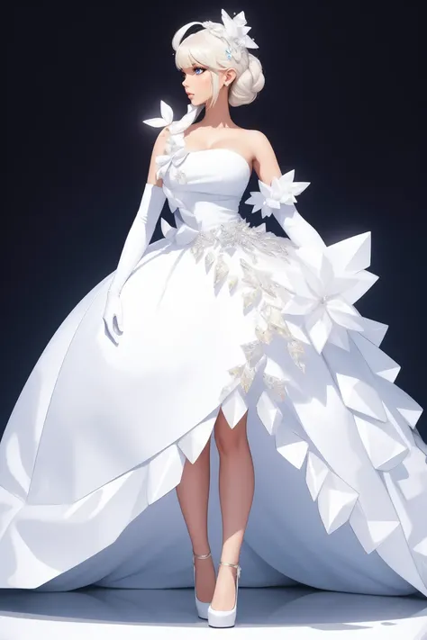 (full body:1.2), adult, large breasts, woman, wearing  lgdress_1, one shoulder short white dress, unique, avant-garde silhouette, metallic sheen,large crystal embellishments adorning the dress from the waist and shoulders,   gloves, hair decoration, <lora:...