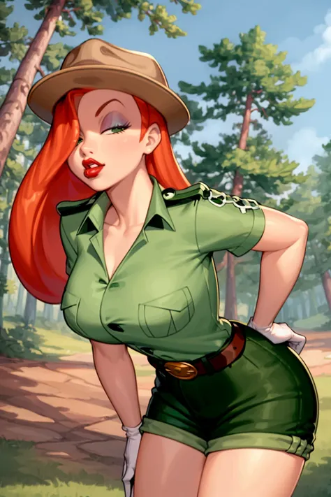 masterpiece, best quality,
1girl, jessicaranger, orange hair, long hair, green eyes, hat, green shirt, short sleeves, shorts, belt, white gloves, lipstick, makeup, ranger uniform,
leaning forward, breasts focus, solo, looking at viewer, blue sky, grass, tr...