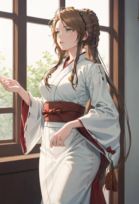 best quality, masterpiece, highres, solo, {lee_enfield_girlsfrontline:0.90}, {white kimono:1.35}, {red hakama:1.35}, {wide sleeves:1.20}