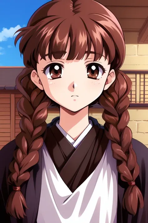 <lora:Watanuki_Yumiko:0.8>,  WatanukiYumiko, 1girl, soro, brown_hair, brown_eyes, hair_rings,   braid, twin_braids,  bangs, room, sky, cowboy_Shot,
masterpiece, high quality, very_high_resolution, large_filesize, full color,