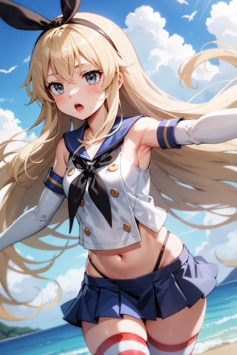 masterpiece, best quality, highres, skancolle, grey eyes, hairband, blonde hair, serafuku, neckerchief, crop top, gloves, elbow gloves, white gloves, navel, blue skirt, thighhighs, striped, striped thighhighs, ocean, clouds, outstretched arms, surprised, w...