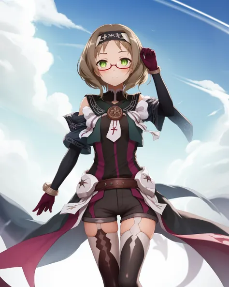 <lora:Akihara_Sekka-10:0.8>,1girl, solo, glasses, green eyes, brown hair, thighhighs, gloves, armor, hairband, short hair,Magic Girl,