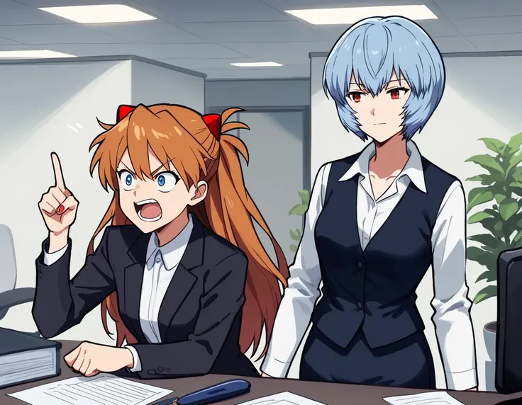 score_9, score_8, score_7, source_anime,
rating_safe,
2girls, office lady, formal, pant suit, small breasts, facing another, face-to-face, arguing, office
BREAK
souryuu asuka langley, shouting, pointing
BREAK
ayanami rei, smirk, expressionless, sleepy, mes...