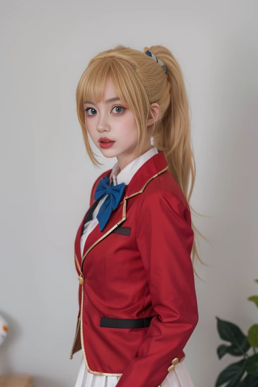 ltra-detailed,highly detailed,best quality,masterpiece,illustration,realistic,photorealistic,
1girl, solo, cosplay, 
sjxf, school uniform, red blazer, ascot, collared shirt, white pleated skirt, 
blonde hair, bangs, ponytail, 
looking at viewer,upper body,...