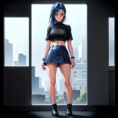 <lora:KizukeBlueGirl:0.7> , bluegirl,  black mini skirt,  black shirt, simple background, standing, ((full body)), (high quality,  ultra high detailed:1.2), (masterpiece:1.4),