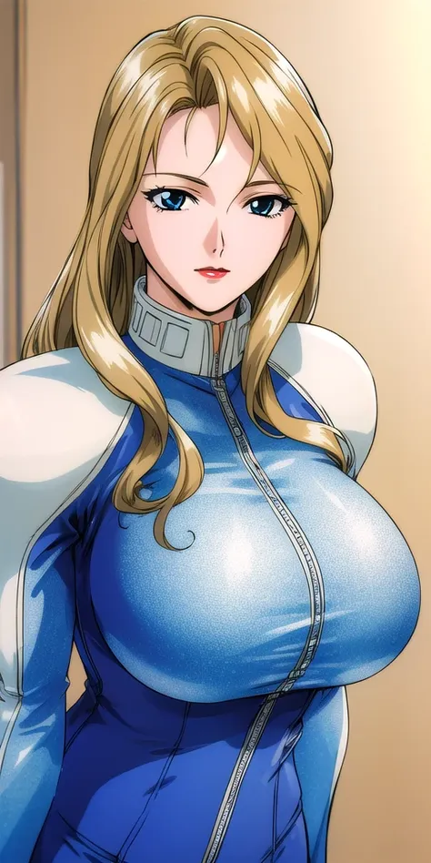 <lora:RexV3:0.7> macross7rex, huge_breasts, standing, solo, Blue_bikesuit_White_shoulder_pads, masterpiece, best_quality, detailed_face, detailed_eyes, highres, beautiful, detailed,