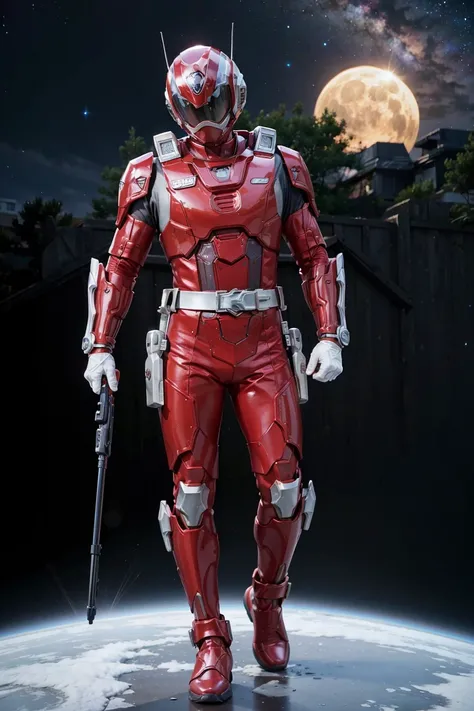 (masterpiece), best quality, perfect face, 1man, full body, (red costume), armor suit, masked, helmet, SPDPowerRanger, floating in the space, galaxy, sun, <lora:SPD_Premier_Red05:0.65>