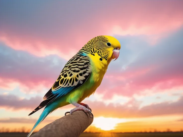 Stunning Photography, Budgie bathing in the Sun while enjoying the Sunset, pink and yellow hued clouds, Realistic, detailed, 8K