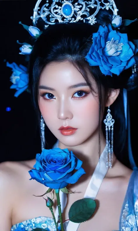 close-up,portrait,Line art,splatter,minimalist elegance,beautiful blue enchantress rose fairy,Tang Dynasty royal face ancient style beauty,high-definition fashion photography,high-end,ambiguous atmosphere,a woman with blue flowers on her face,in the style ...