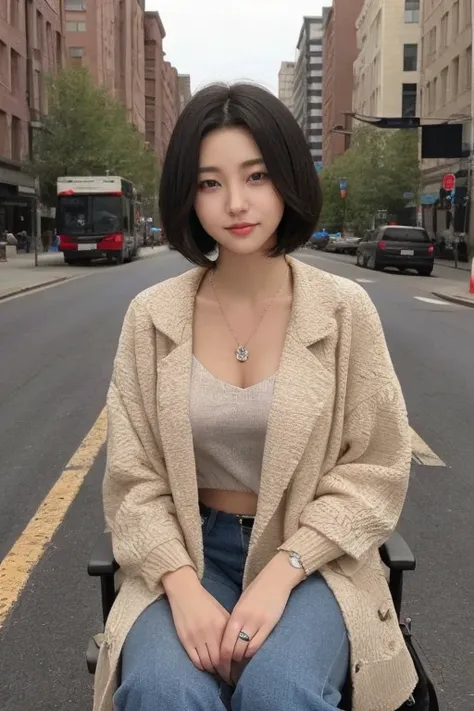 4k, 8k, ultra highres, raw photo in hdr, sharp focus, intricate texture, skin imperfections, realistic, detailed facial features, highly detailed face, posing,perfect lighting,short hair,black hair,(sitting),city,street,road,petite,<lora:Hwajung1:0.7> Hwaj...