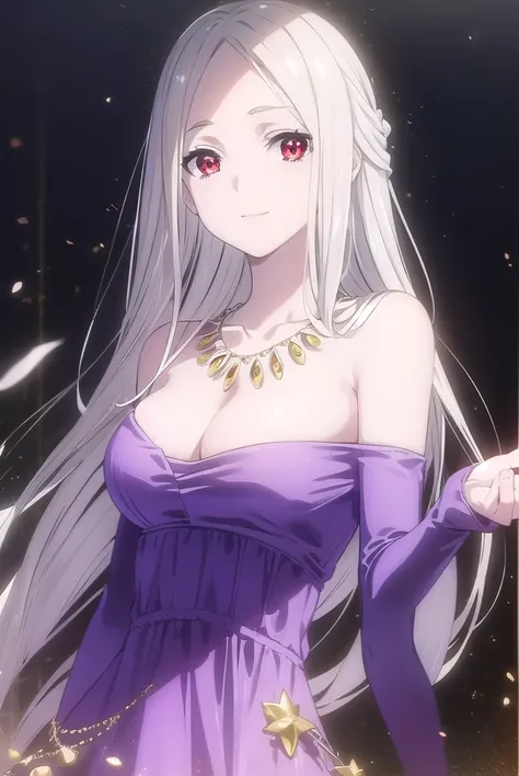 leonoranakiri, <lora:leonora nakiri s2-lora-nochekaiser:1>,
leonora nakiri, long hair, (red eyes:1.2), white hair, pale skin, (forehead:1.2), smile,
BREAK dress, cleavage, bare shoulders, jewelry, necklace, purple dress,
BREAK indoors,
BREAK looking at vie...