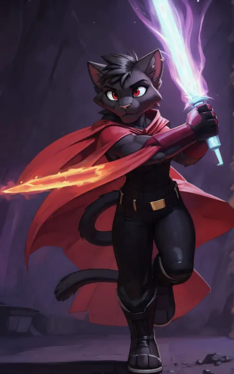 8k,4k,((Best quality, masterpiece, ultra high resolution)),((full body, by pixelsketcher)),    <lora:Clairen:0.8>,Clairen,furry,  tail, red cape, animal ears, cat ears, cape, cat tail,energy sword, furry,black fur,black hair, bodysuit,black bodysuit, golde...