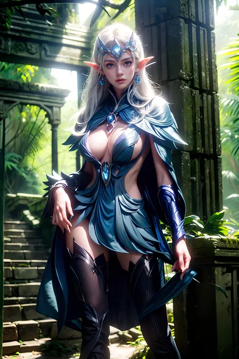 <lora:telannas_aov:0.5>, telannas_aov, 1girl, solo, long hair, breasts, blue eyes, large breasts, thighhighs, cleavage, jewelry, white hair, earrings, pointy ears, cape, armor, elf, looking at viewer, simple background, boots, high heels, thigh boots, cape...