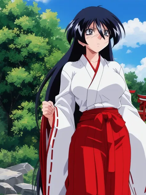 <lora:Fujiwara_Mitsuki:0.9>, Fujiwara Mitsuki, 1girl, soro, long_hair,  black_hair, blue_hair, grey_eyes,  hair_between_eyes, miko, red hakama,  large_breasts
miko, japanese clothes, skirt, hakama, red hakama, hakama skirt, long sleeves, day, outdoors, wid...