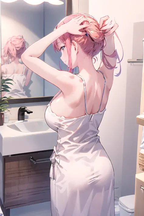 masterpiece,hires,high resolution,best quality,1girl,large breasts, ponytail,bathroom,sink,bathtub,smile,after bathing, adjusting-from-behind, tying hair, from behind, tying ponytail
<lora:Adjusting hair & Hair Tucking:1>