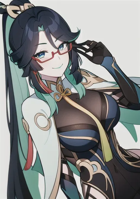 <lora:xianyun:0.8>, xianyun, 1girl, solo, long hair, breasts, looking at viewer, smile, bangs, blue eyes, large breasts, black hair, hair ornament, closed mouth, ponytail, multicolored hair, green hair, glasses, two-tone hair, makeup, semi-rimless eyewear