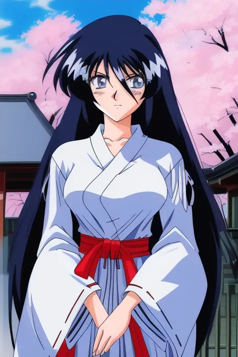 <lora:Fujiwara_Mitsuki:0.8>Fujiwara Mitsuki, 1girl, soro, long_hair,  black_hair, blue_hair, grey_eyes,  hair_between_eyes,  large breasts, cowboy_Shot,
miko, red hakama, shrine, cherry blossom, 1990s (style), anime, anime_screencap, animated gif, mp4 ,vid...