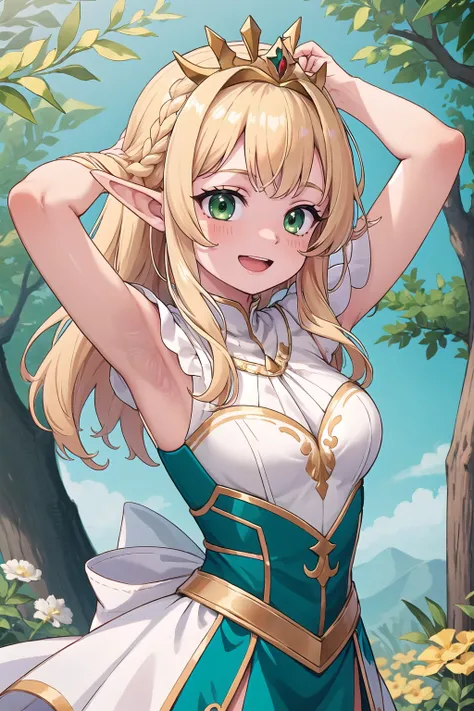 masterpiece,hires,high resolution,best quality,1girl,medium breasts, adjusting-two-hands, arms up,relaxed, smile, open mouth, adjusting hair, armour, elf, dress, tiara, fairy,green eyes, blonde hair,braided hair, forest, flowers, hands in own hair, upper b...