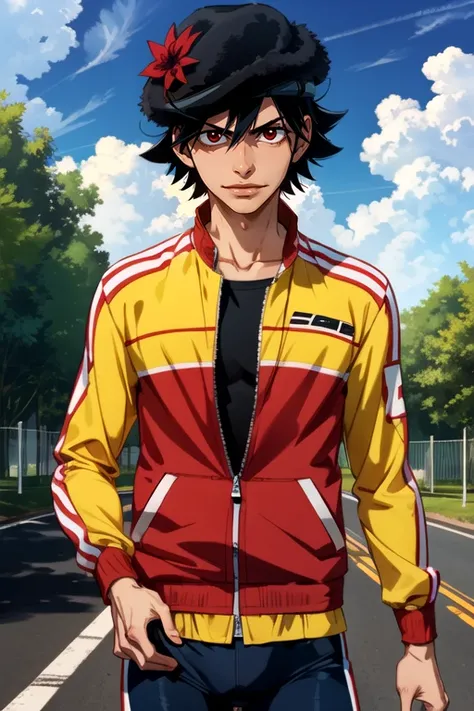 (best quality:1.1), (masterpiece:1.4), , looking at viewer, , , ligne claire, , 1boy, solo, male focus, <lora:yuuto_shinkai:0.74>, yuuto_shinkai, black hair, red eyes, track jacket, cloche hat, ,