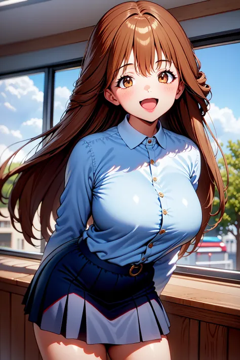 1girl, cowboy shot, classroom, smile, open mouth, 
kawai_iyona, brown eyes, brown hair, long hair, collared shirt, skirt, <lora:kawai_iyona_lora_ver3:0.7>, best quality, masterpiece, highres, <lora:GoodHands-vanilla:1>