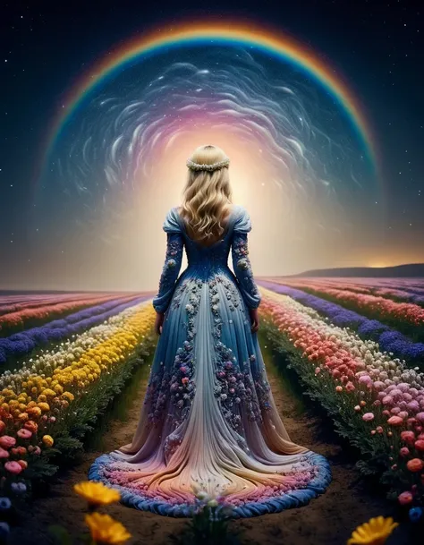 a field of flowers under the night sky, ral-cnvctncrnts, ((religious masterpiece, best quality)), Highly Detailed, (Feminine:1.4), (beautiful:1.4),(attractive:1.3), a girl standing in the distance wearing a dress made of flowers, blonde hair made of flower...