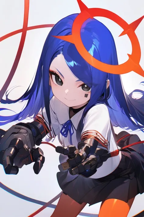 hazakailrea, 1girl,blue hair, red halo, black eyes, <lora:hazakailrea_xl:0.8>