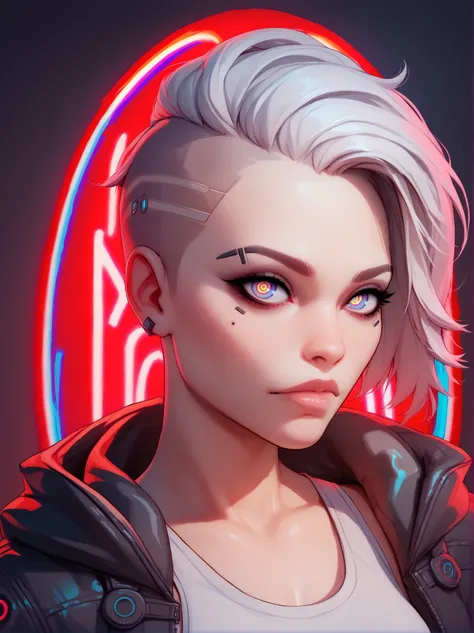 score_9, score_8_up, score_7_up, score_6_up, score_5_up, score_4_up, scifi futuristic woman looking at viewer, white hair, undercut hair, ringed eyes, portrait, neon lighting, wearing jacket and tank top <lora:IlyaKuvshinovXL:1>