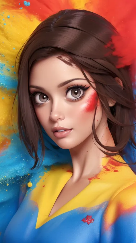 <lora:Sexy-Ecuadorian:1>  black straight hair, ((dark brown eyes)), full lips, yellow powder, deep blue powder and red powder splashes on background, high quality photography, <lora:powder_v1.0:1>