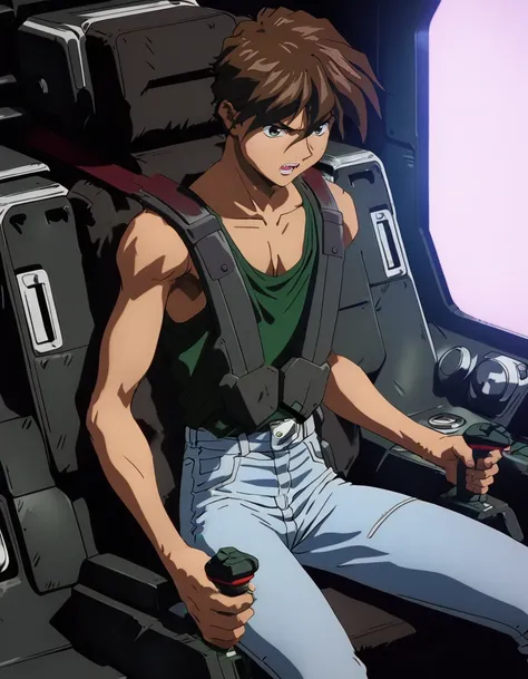 1boy,
<lora:heeroyuyXL1:0.7>,heeroyuy,
,jeans,tank top,
serious,v-shaped eyebrows,scream,
<lora:gundamwingcockpitXL2:1>,gundamwingcockpit,joystick,seatbelt,sitting,
masterpiece, best quality, ultra detailed, highres,4k,(ultra-detailed:1.4) (illustration:0....