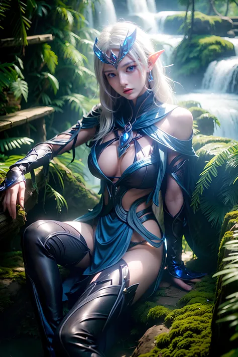 <lora:telannas_aov:0.5>, telannas_aov, 1girl, solo, long hair, breasts, blue eyes, large breasts, thighhighs, cleavage, jewelry, white hair, earrings, pointy ears, cape, armor, elf, looking at viewer, simple background, boots, high heels, thigh boots, cape...