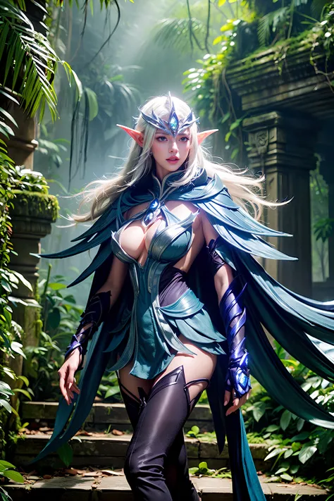 <lora:telannas_aov:0.5>, telannas_aov, 1girl, solo, long hair, breasts, blue eyes, large breasts, thighhighs, cleavage, jewelry, white hair, earrings, pointy ears, cape, armor, elf, looking at viewer, simple background, boots, high heels, thigh boots, cape...