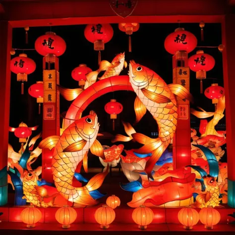 The image depicts a vibrant lantern display featuring a group of large, colorful, fish-shaped lanterns. There are at least five noticeable fish lanterns, predominantly in yellow and orange hues, arranged in a manner that gives the impression of dynamic mov...