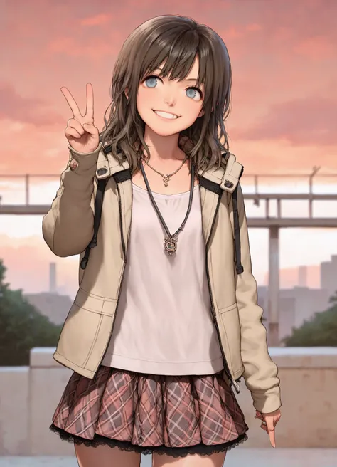 score_9, score_8_up, score_7_up, score_6_up, rustle_style BREAK
1girl, solo, skirt, brown hair, blue eyes, jacket, necklace, plaid skirt, v, smile, outdoors, sky
<lora:rustle_pdxl:1>