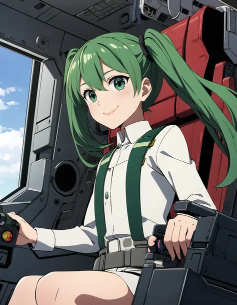 masterpiece, best quality, highres,
1girl,solo,
(hatunemiku:1),twin tails,green hair,
smile,
<lora:gundamwingcockpit1.52:0.5>,gundamwingcockpit,cockpit,joystick,seatbelt,sitting,