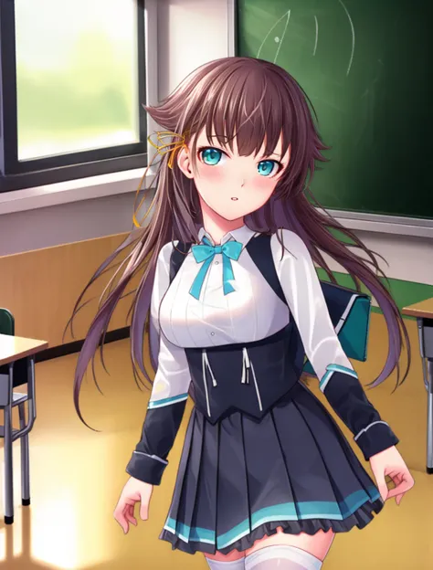 masterpiece, best quality
<lora:kana_kashiwazaki-000008:0.9>
1girl ,(solo), 
kanakashiwazaki, yellow ribbon, aqua eyes,
white shirt, collared shirt, thighhighs,medium breasts, frills, neck ribbon, pleated skirt
walking to the side
((classroom ))