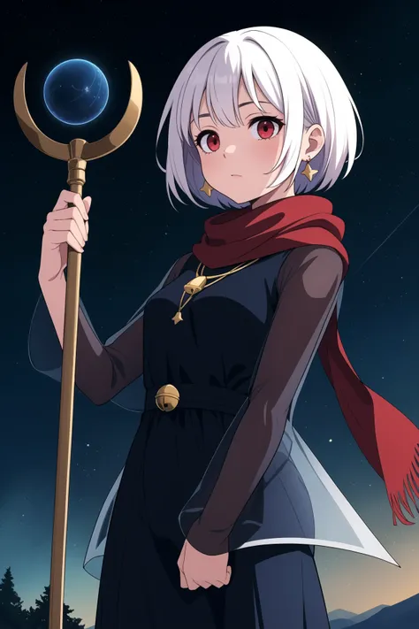 1girl, solo, short_hair, red_eyes, long_sleeves, holding, jewelry, white_hair, earrings, outdoors, sky, necklace, scarf, see-through, bell, night, staff, star_(sky), night_sky, starry_sky, holding_staff