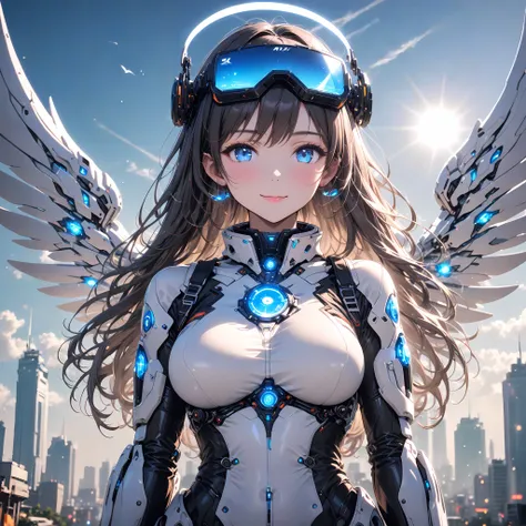 (masterpiece:1.2), (best quality:1.2), newest, intricate details, ai-generated, perfect anatomy, shadows, dark theme, depth of field, bokeh, volumetric light, detailed beautiful face and eyes, angel with silver long hair and blue eyes and large breasts,hug...