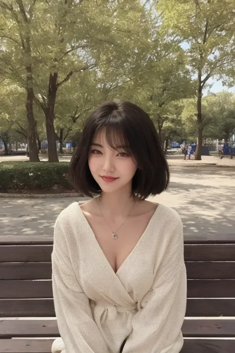 4k, 8k, ultra highres, raw photo in hdr, sharp focus, intricate texture, skin imperfections, realistic, detailed facial features, highly detailed face, posing,perfect lighting,short hair,black hair,sitting on a park bench,park,bench,petite,<lora:Hwajung1:0...