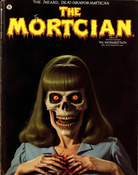 <lora:PBFH-XL:1> pbfh, vintage Paperback novel, horror book cover, The dead girl mortician,