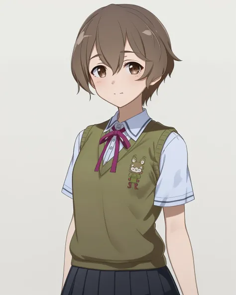 <lora:Fujimori_Mito-10:0.7>,1girl, solo, short hair,brown hair, brown eyes,between eyes, school uniform,shirt,skirt,ribbon, pleated skirt, green sweater vest,neck ribbon,