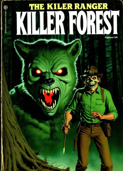 <lora:PBFH-XL:1> pbfh, vintage Paperback novel, horror book cover, The killer forest ranger