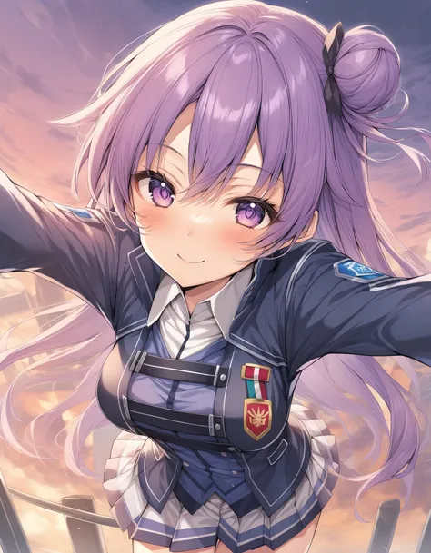 1girl,(solo),
single side bun hair,
hair bow,
parted bangs,
amaranth purple  hair,
peony  eyes,
(medium breasts:1.1),
 <lora:toruzu_bunko_uniform_A3_XL_V1_1-000012:0.8>
toruzu_bunko_uniform,school uniform,miniskirt,pleated skirt,white skirt,
BREAK
<lora:sd...